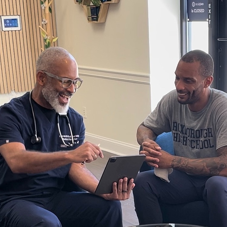 medical spa model with long straight hair and blue eyes